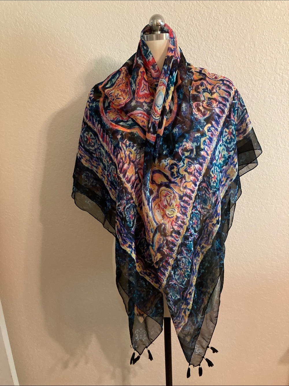Max Studio Black Multi Paisley Print Lightweight Scarf Wrap